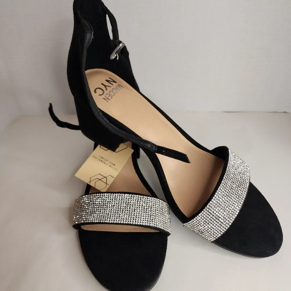 NIB MADDEN NYC WOMENS BLACK SZ 11 RHINESTONE ILLIE CITY BLOCK HEEL STRAPPYSANDAL